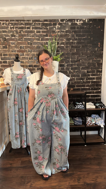 Beau Floral Print Pleated High Waist Wide Leg Denim Jumpsuit