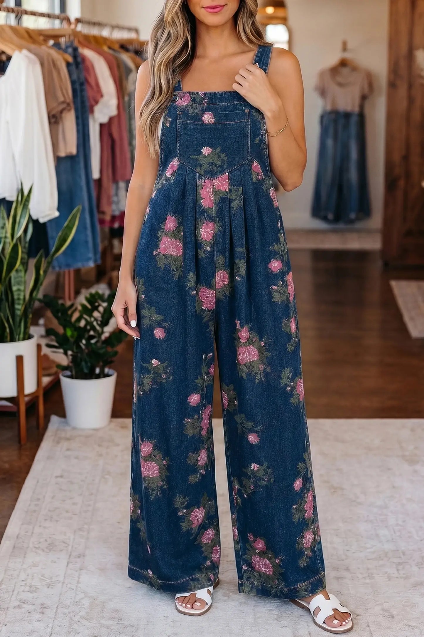 Beau Floral Print Pleated High Waist Wide Leg Denim Jumpsuit