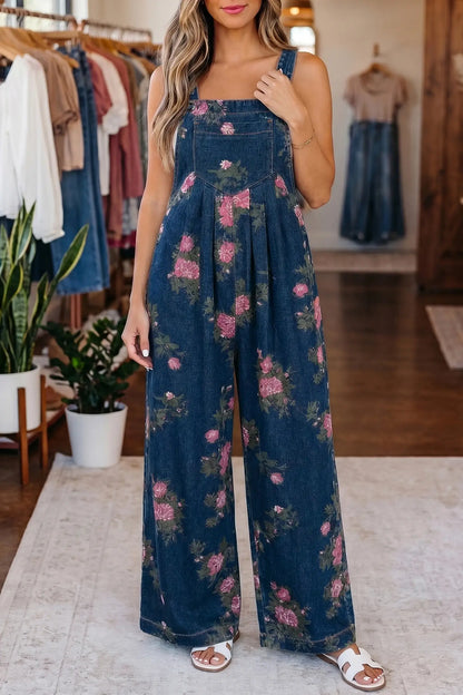 Beau Floral Print Pleated High Waist Wide Leg Denim Jumpsuit