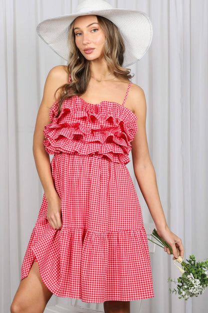 Gingham Ruffle Embellished Detail Knee Dress