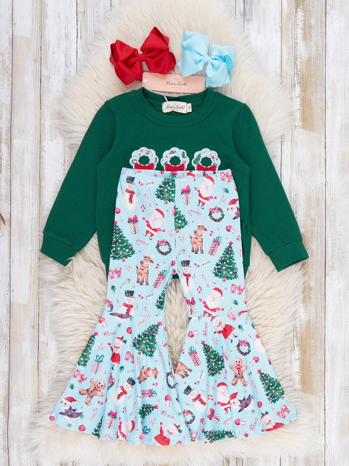 Wreath Wishes Applique Bow Bell Bottom Outfit