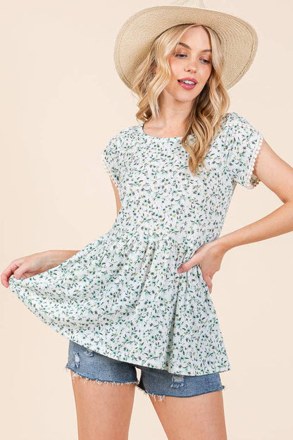 Pointelle Ditsy Flower Tulip Sleeve Top