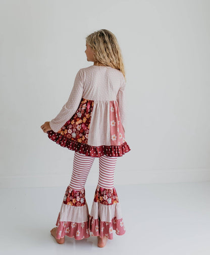 Kids Beige Heart Floral Pocket Bell Bottom Ruffle Pant Set