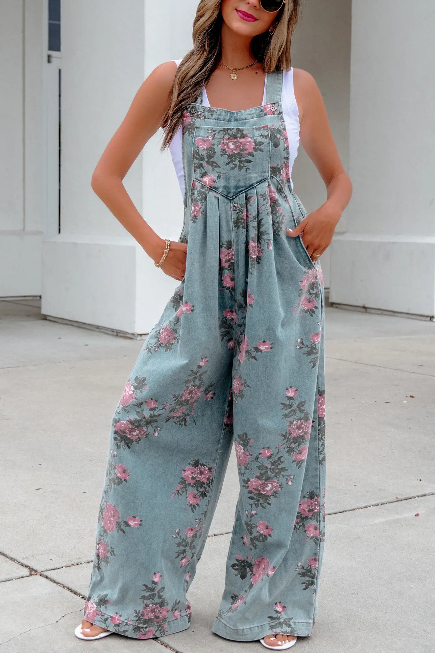 Beau Floral Print Pleated High Waist Wide Leg Denim Jumpsuit