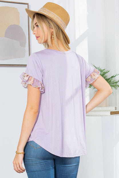 Ruffle Sleeve Contrast V Neck -2 Colors