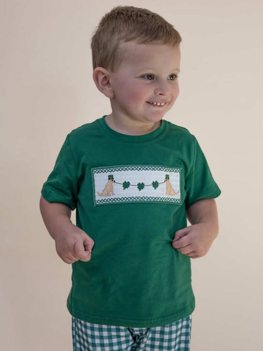 Boys St. Patrick’s Day Shamrock Puppy Smocked Plaid Set