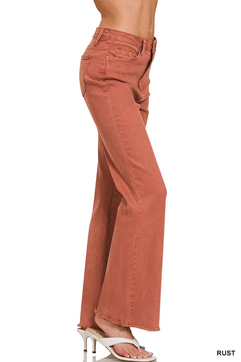 Acid Washed Frayed Cutoff Hem Straight Wide Pants