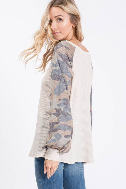 Oatmeal & Camo Contrast Long Sleeve Top