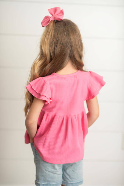 Kids Bright Pink Double Ruffle Flutter Sleeve Summer Shirt