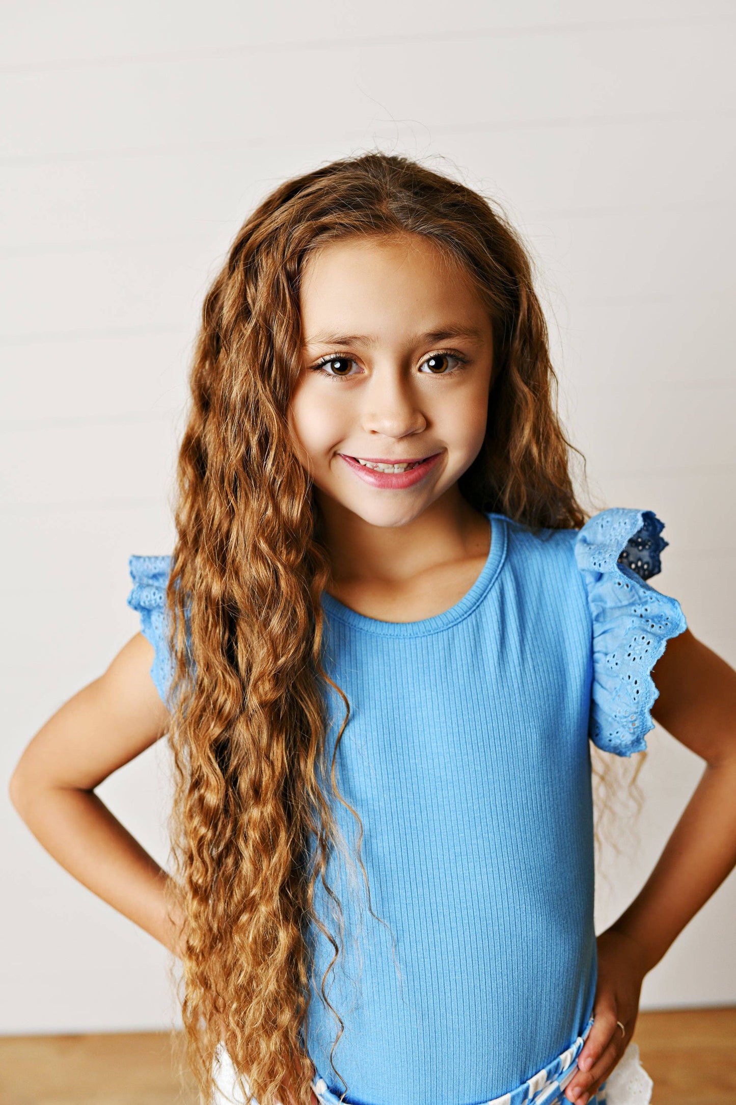 Girls Blue Checkered Lace Ruffle Summer Short Set