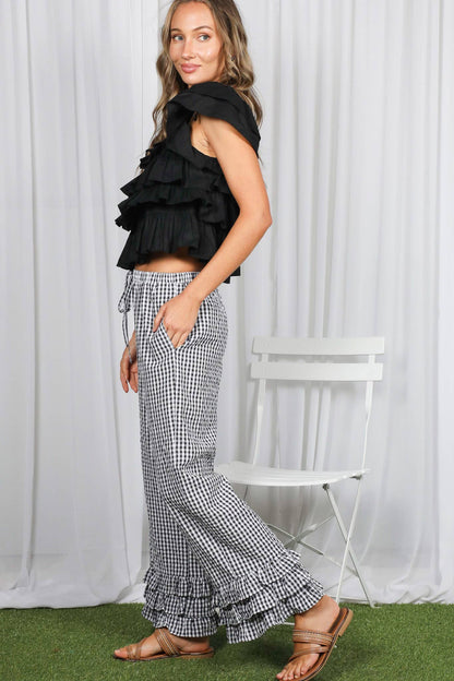 Gingham Layered Ruffle Hem Cropped Pants