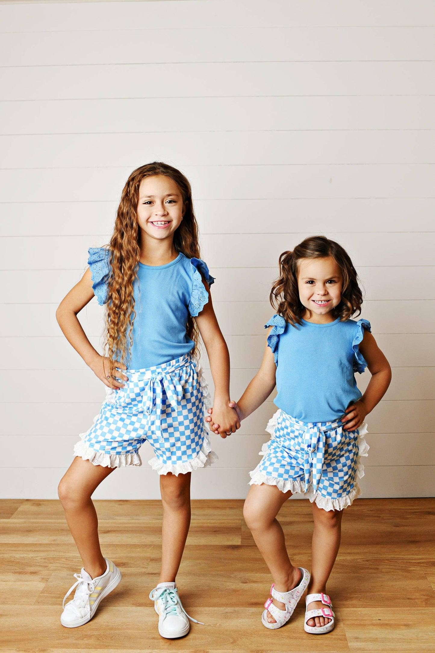 Girls Blue Checkered Lace Ruffle Summer Short Set