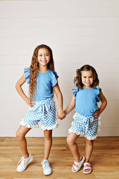 Girls Blue Checkered Lace Ruffle Summer Short Set