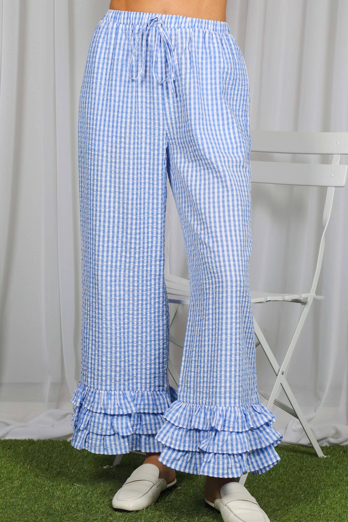 Gingham Layered Ruffle Hem Cropped Pants