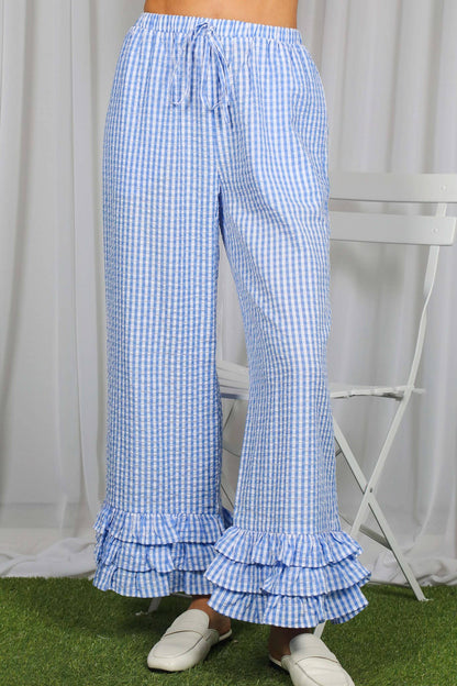 Gingham Layered Ruffle Hem Cropped Pants