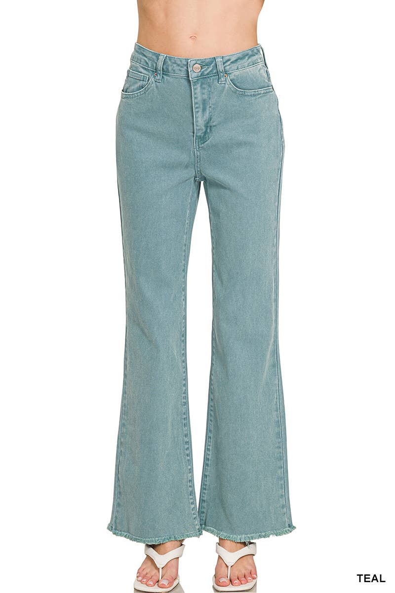 Acid Washed Frayed Cutoff Hem Straight Wide Pants