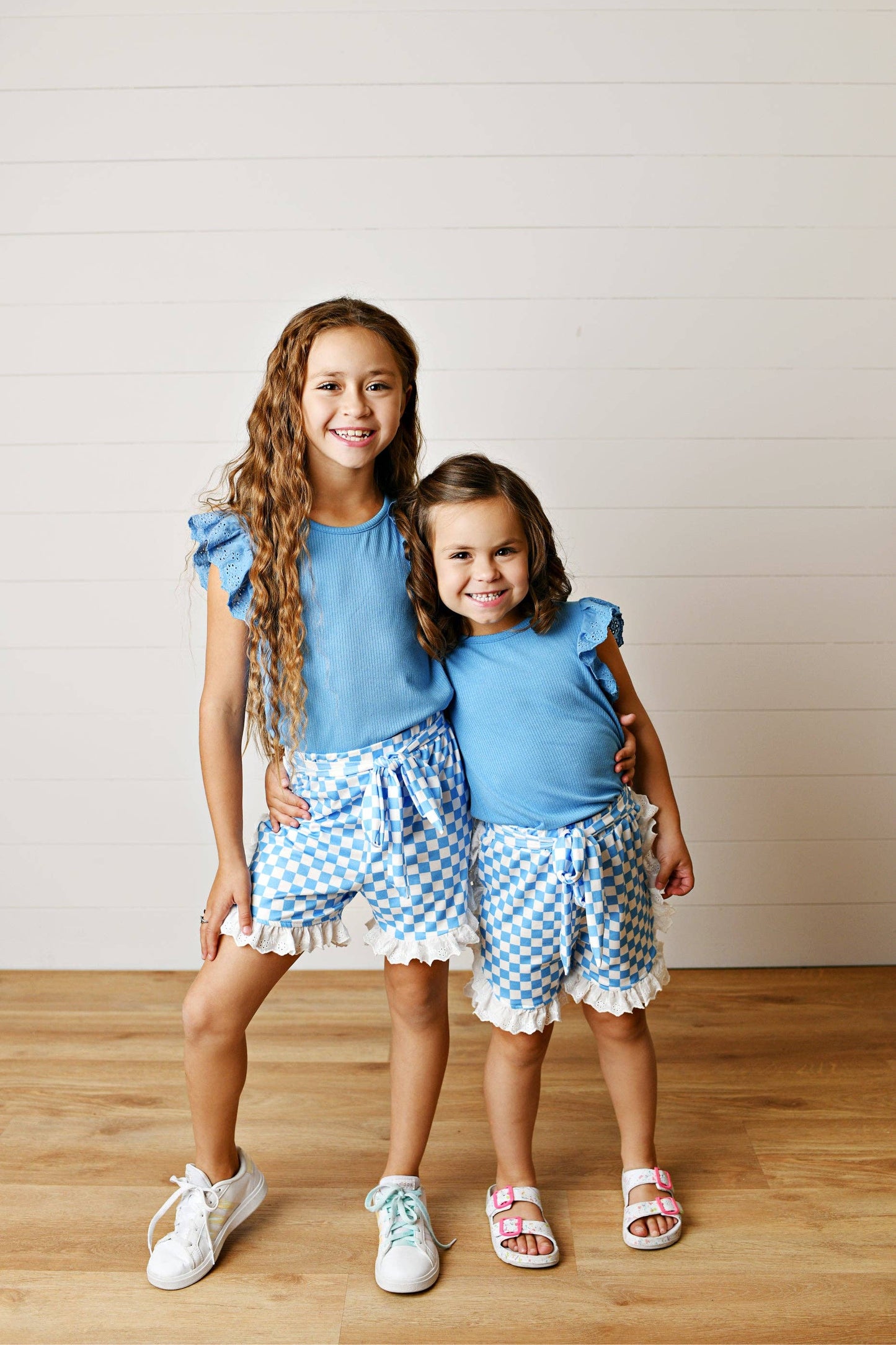 Girls Blue Checkered Lace Ruffle Summer Short Set