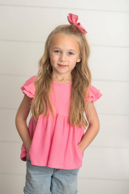 Kids Bright Pink Double Ruffle Flutter Sleeve Summer Shirt