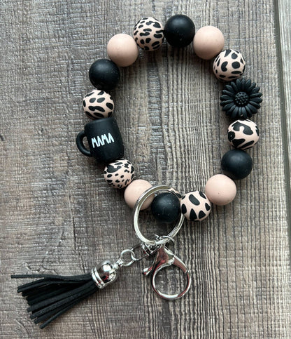 Mama Coffee Mug Black Daisy Leopard Wristlet Keychain