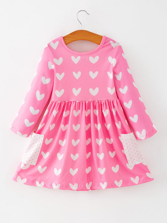 Girls Valentine’s Outfit Pink Heart Long Sleeve Dress with Pockets