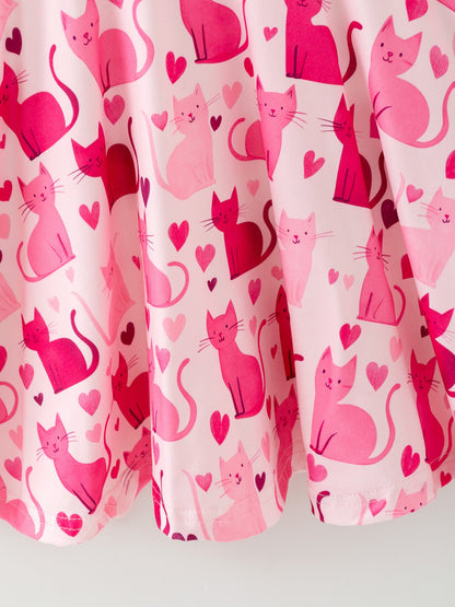 Valentine Toddler Girls Pink Cat Dress – Long Sleeve Heart Print Outfit