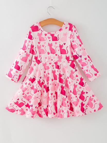 Valentine Toddler Girls Pink Cat Dress – Long Sleeve Heart Print Outfit