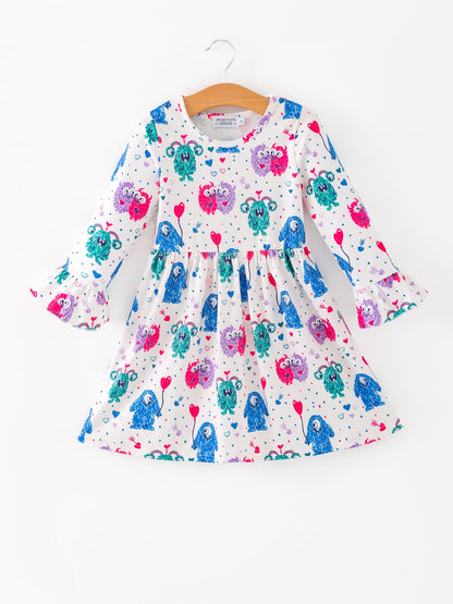 Toddler Girls Valentine Dress – Colorful Monster Balloon Print