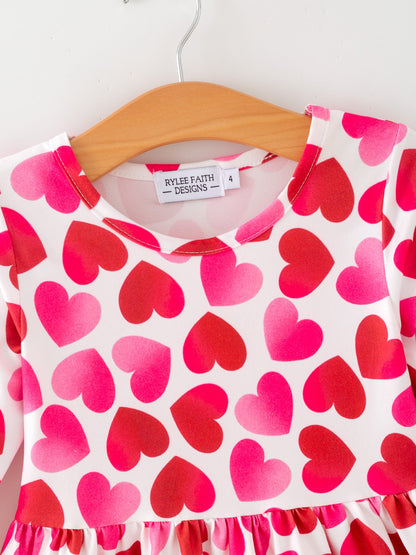 Toddler Girls Valentine Party Dress – Red Pink Ruffle Sleeve Dress