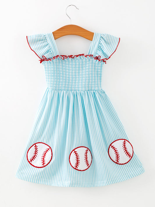 Girls Blue Striped Baseball Applique Smocked Dress Flutter Sleeves