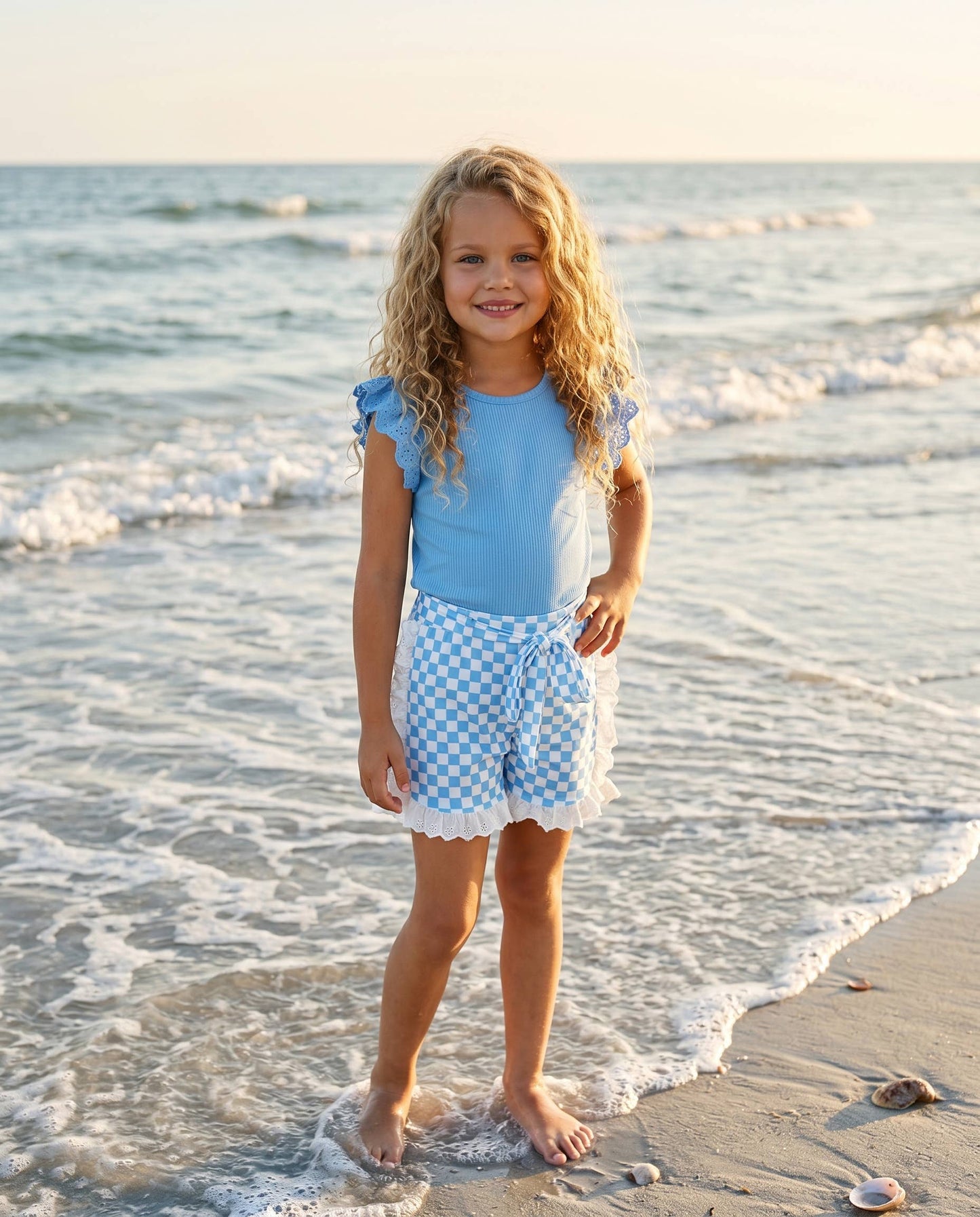 Girls Blue Checkered Lace Ruffle Summer Short Set