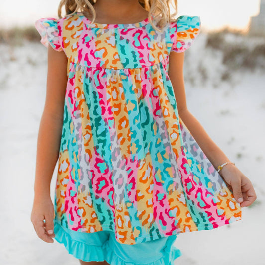 Bright Rainbow Leopard Ruffle Spring Summer Short Set
