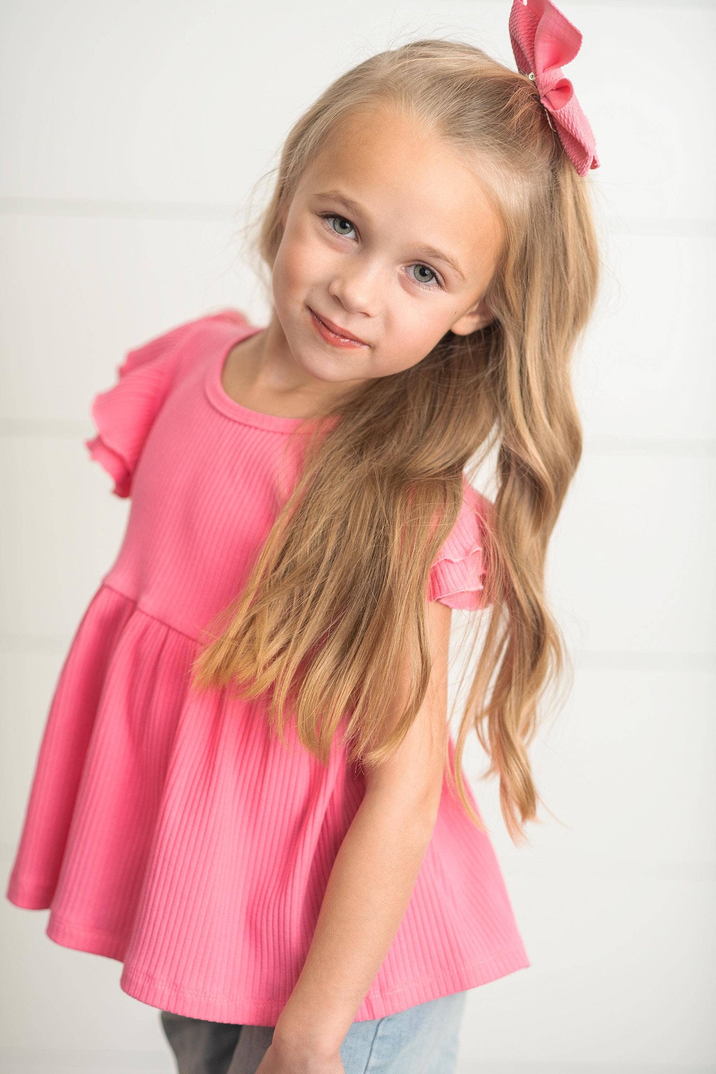Kids Bright Pink Double Ruffle Flutter Sleeve Summer Shirt