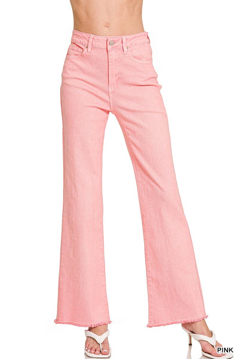 Acid Washed Frayed Cutoff Hem Straight Wide Pants