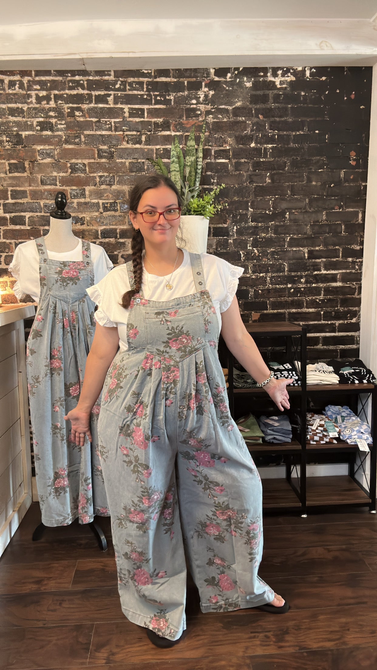 Beau Floral Print Pleated High Waist Wide Leg Denim Jumpsuit