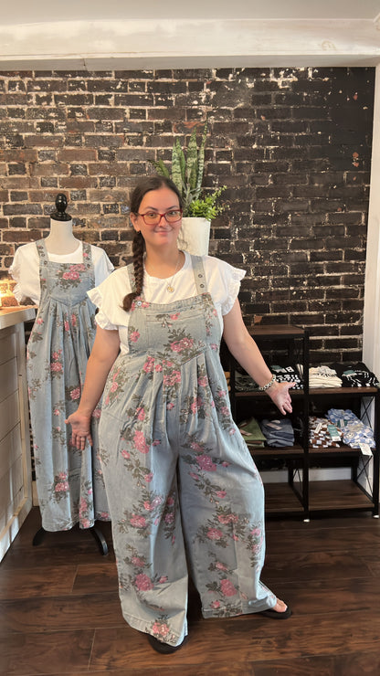 Beau Floral Print Pleated High Waist Wide Leg Denim Jumpsuit