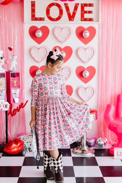 SALE Disco Bows 3/4 Sleeve Pocket Twirl Dress