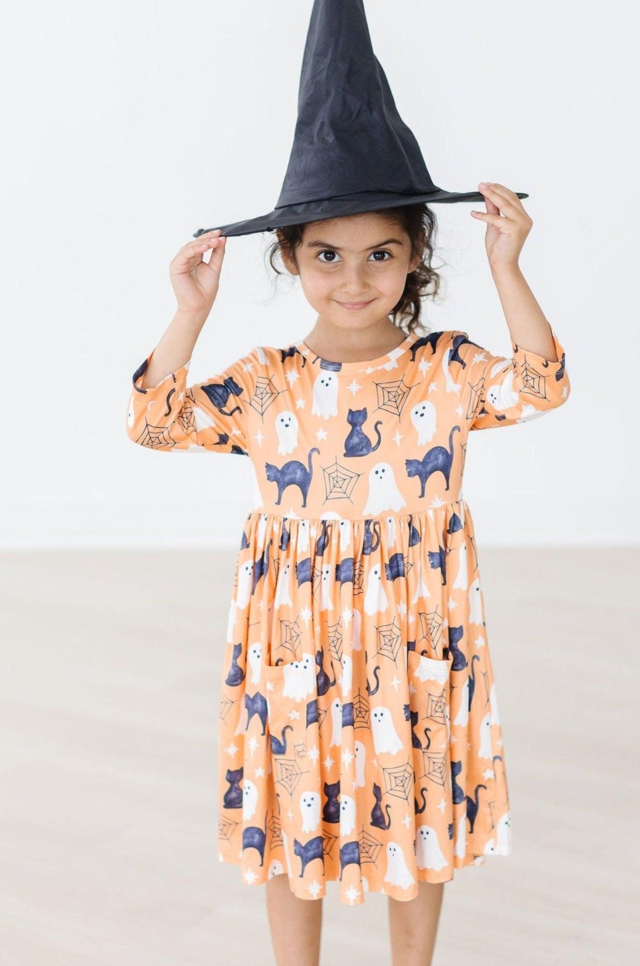 Spooky Kitty 3/4 Sleeve Pocket Twirl Dress