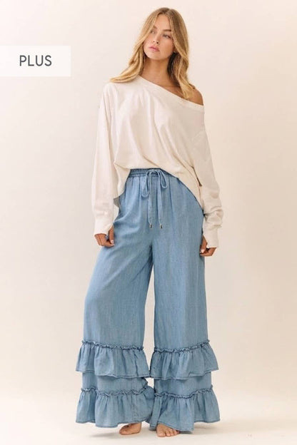 Plus Washed Chambray Wide Leg Pants