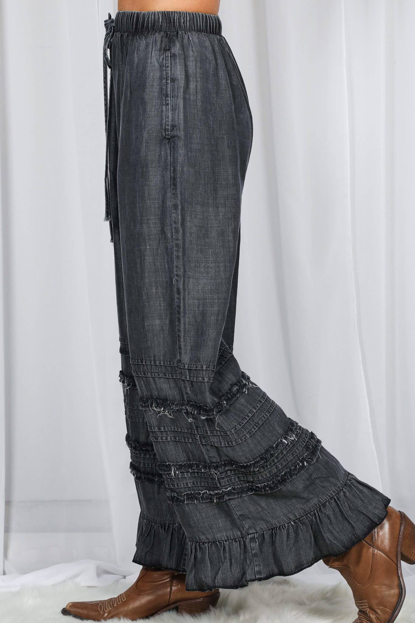 Flared Ruffle Hem Washed Chambray Crop Denim Pants