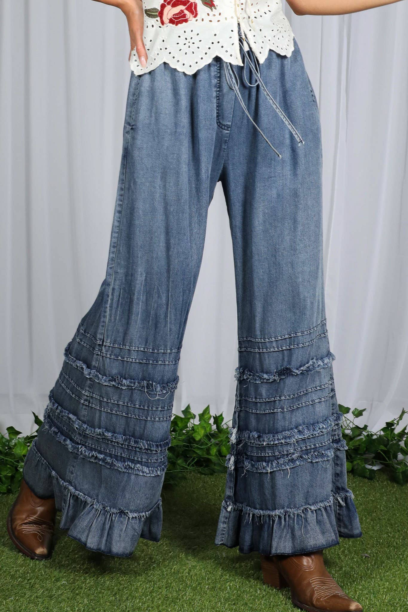 Flared Ruffle Hem Washed Chambray Crop Denim Pants