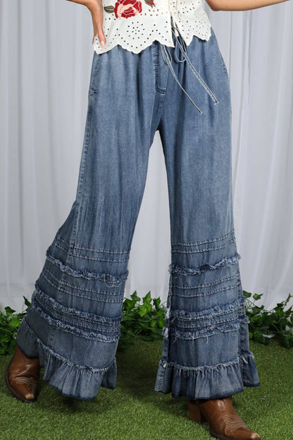 Flared Ruffle Hem Washed Chambray Crop Denim Pants
