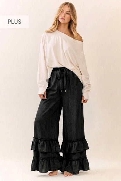 Plus Washed Chambray Wide Leg Pants