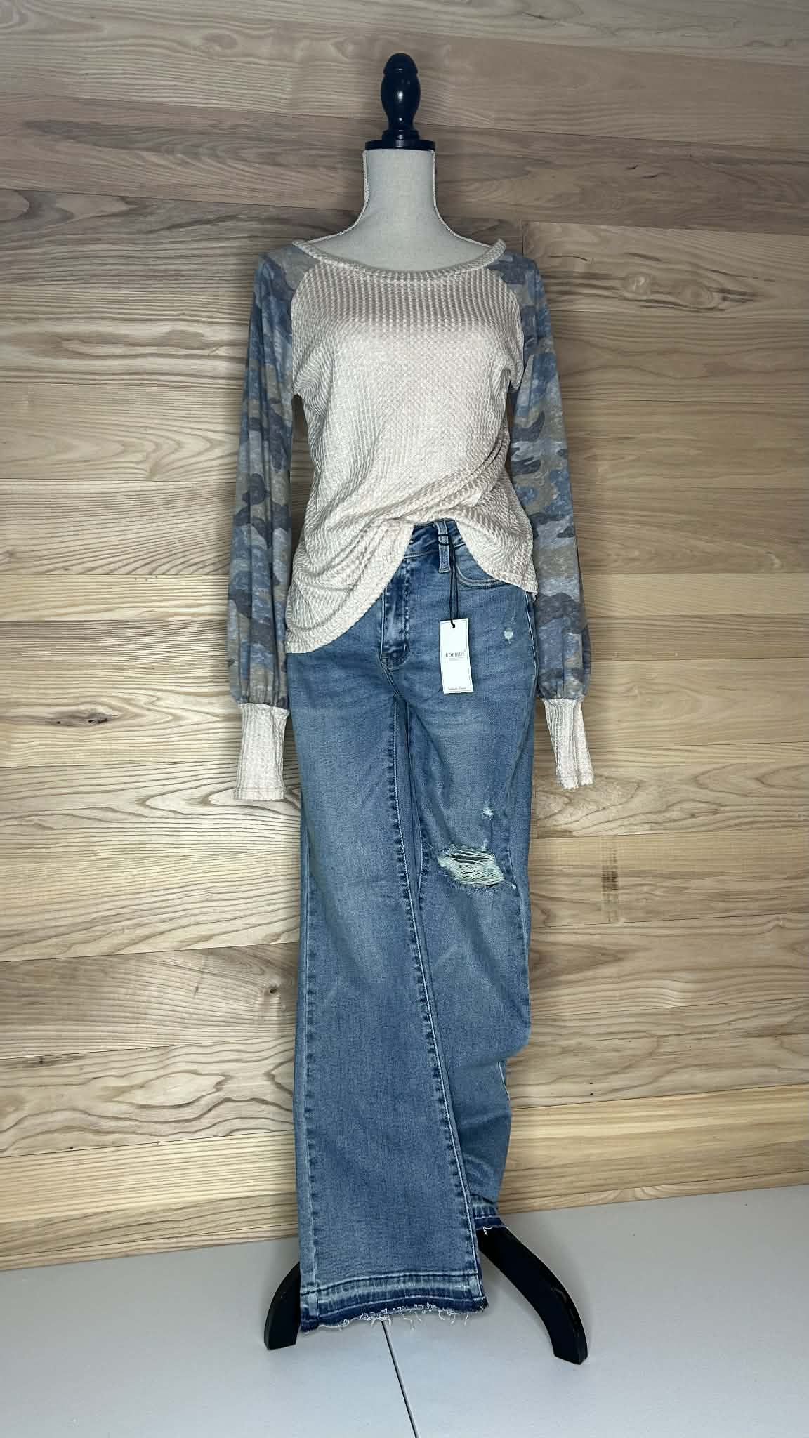 Oatmeal & Camo Contrast Long Sleeve Top