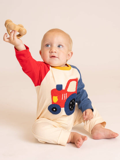 Tractor Trail Embroidered Colorblock Romper