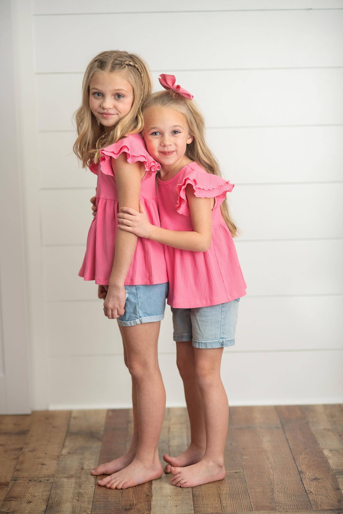 Kids Bright Pink Double Ruffle Flutter Sleeve Summer Shirt