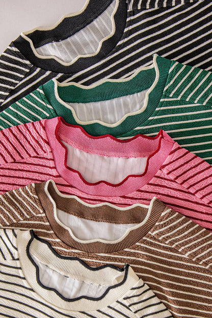 Scallop Trim Stripe Knit Top