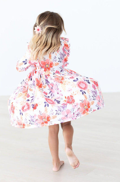 Tangerine Leaves 3/4 Sleeve Ruffle Twirl Dress