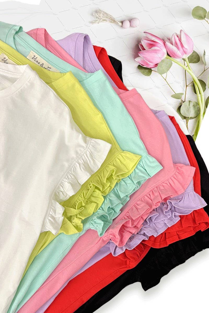 Ruffle Accent Short-Sleeve Crew Neck 100% Cotton Top