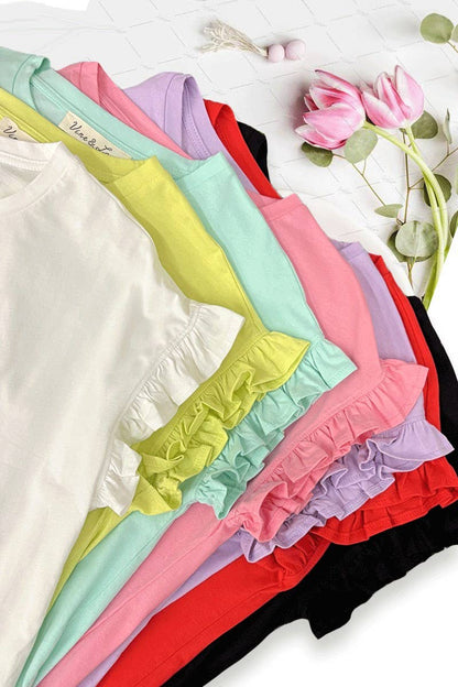 Ruffle Accent Short-Sleeve Crew Neck 100% Cotton Top