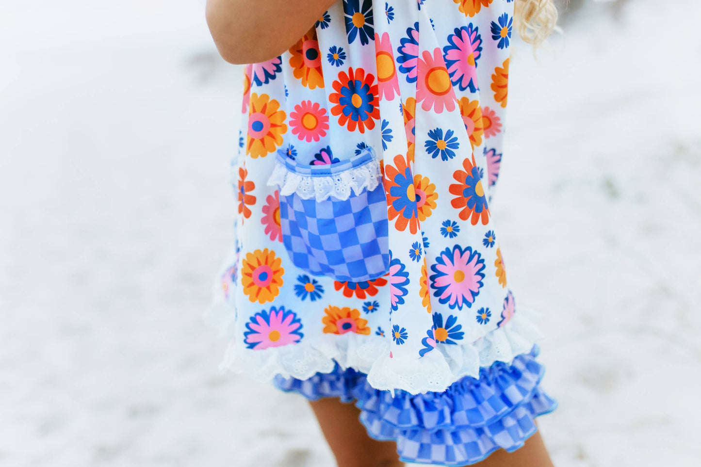 Girls Periwinkle Check Flower Power Spring Summer Short Set